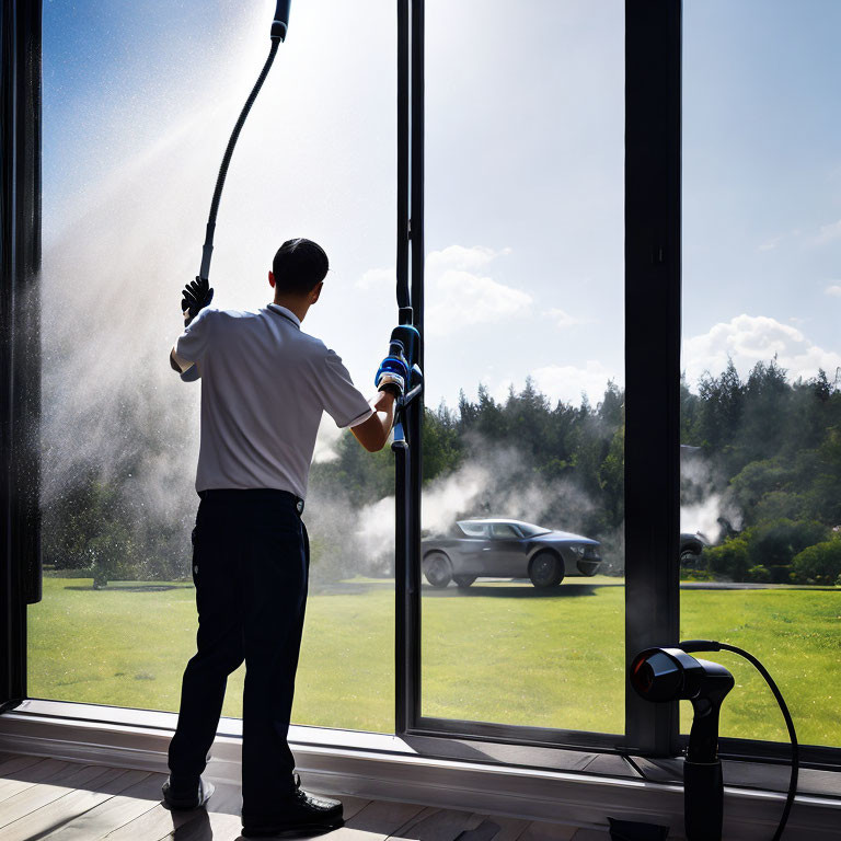 A Man Steam Cleaning a Window